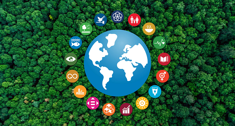United Nations Sustainable Development Goals symbols circling a globe